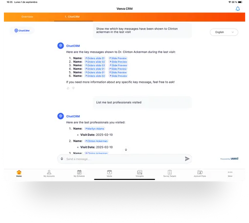Access insights, KPIs, and customer data using voice or text, within the Veeva CRM iPad app.